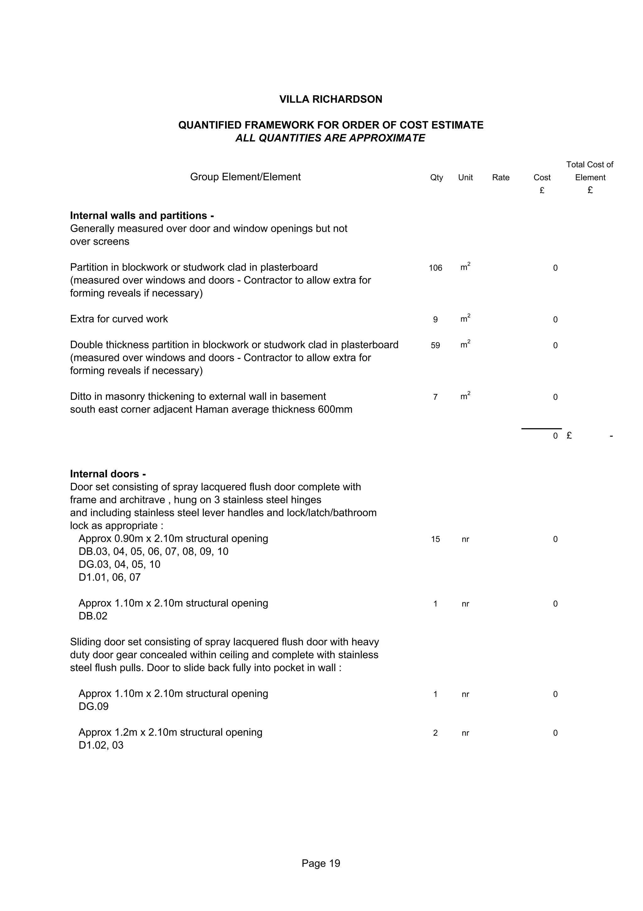 VILLA RICHARDSON

                        QUANTIFIED FRAMEWORK FOR ORDER OF COST ESTIMATE
                                 ALL QUANTITIES ARE APPROXIMATE

                                                                                                           Total Cost of
                          Group Element/Element                            Qty   Unit    Rate   Cost           Element
                                                                                                 £               £

Internal walls and partitions -
Generally measured over door and window openings but not
over screens

                                                                                     2
Partition in blockwork or studwork clad in plasterboard                    106   m                     0
(measured over windows and doors - Contractor to allow extra for
forming reveals if necessary)

                                                                                     2
Extra for curved work                                                      9     m                     0

                                                                                     2
Double thickness partition in blockwork or studwork clad in plasterboard   59    m                     0
(measured over windows and doors - Contractor to allow extra for
forming reveals if necessary)

                                                                                     2
Ditto in masonry thickening to external wall in basement                   7     m                     0
south east corner adjacent Haman average thickness 600mm

                                                                                                       0   £             -



Internal doors -
Door set consisting of spray lacquered flush door complete with
frame and architrave , hung on 3 stainless steel hinges
and including stainless steel lever handles and lock/latch/bathroom
lock as appropriate :
  Approx 0.90m x 2.10m structural opening                                  15    nr                    0
  DB.03, 04, 05, 06, 07, 08, 09, 10
  DG.03, 04, 05, 10
  D1.01, 06, 07

 Approx 1.10m x 2.10m structural opening                                   1     nr                    0
 DB.02

Sliding door set consisting of spray lacquered flush door with heavy
duty door gear concealed within ceiling and complete with stainless
steel flush pulls. Door to slide back fully into pocket in wall :

 Approx 1.10m x 2.10m structural opening                                   1     nr                    0
 DG.09

 Approx 1.2m x 2.10m structural opening                                    2     nr                    0
 D1.02, 03




                                                  Page 19
 