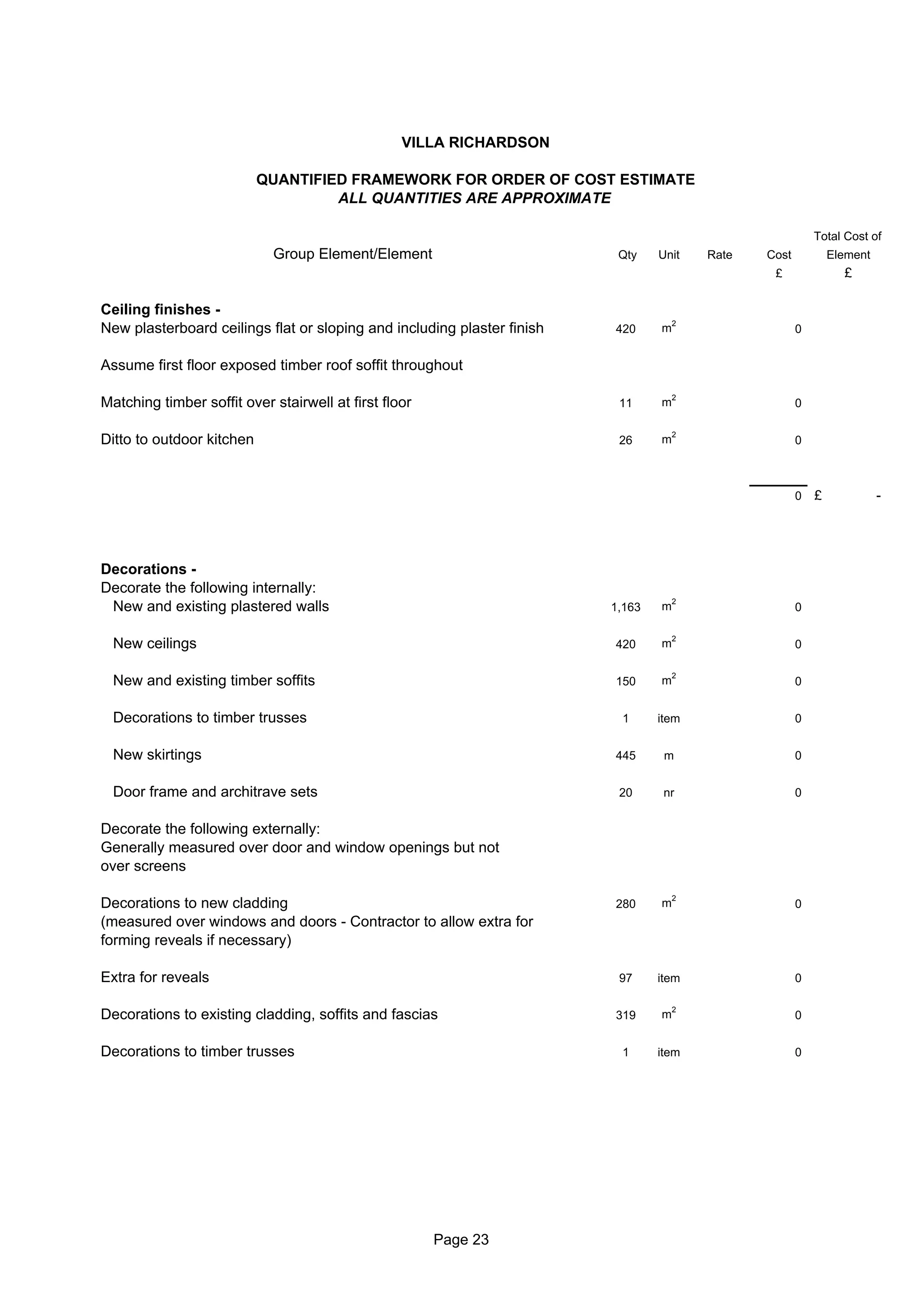 VILLA RICHARDSON

                           QUANTIFIED FRAMEWORK FOR ORDER OF COST ESTIMATE
                                    ALL QUANTITIES ARE APPROXIMATE

                                                                                                           Total Cost of
                            Group Element/Element                         Qty    Unit    Rate   Cost           Element
                                                                                                 £               £

Ceiling finishes -
                                                                                     2
New plasterboard ceilings flat or sloping and including plaster finish   420     m                     0


Assume first floor exposed timber roof soffit throughout

                                                                                     2
Matching timber soffit over stairwell at first floor                      11     m                     0

                                                                                     2
Ditto to outdoor kitchen                                                  26     m                     0



                                                                                                       0   £             -




Decorations -
Decorate the following internally:
                                                                                     2
 New and existing plastered walls                                        1,163   m                     0

                                                                                     2
  New ceilings                                                           420     m                     0

                                                                                     2
  New and existing timber soffits                                        150     m                     0


  Decorations to timber trusses                                           1      item                  0


  New skirtings                                                          445      m                    0


  Door frame and architrave sets                                          20      nr                   0


Decorate the following externally:
Generally measured over door and window openings but not
over screens

                                                                                     2
Decorations to new cladding                                              280     m                     0
(measured over windows and doors - Contractor to allow extra for
forming reveals if necessary)

Extra for reveals                                                         97     item                  0

                                                                                     2
Decorations to existing cladding, soffits and fascias                    319     m                     0


Decorations to timber trusses                                             1      item                  0




                                                       Page 23
 