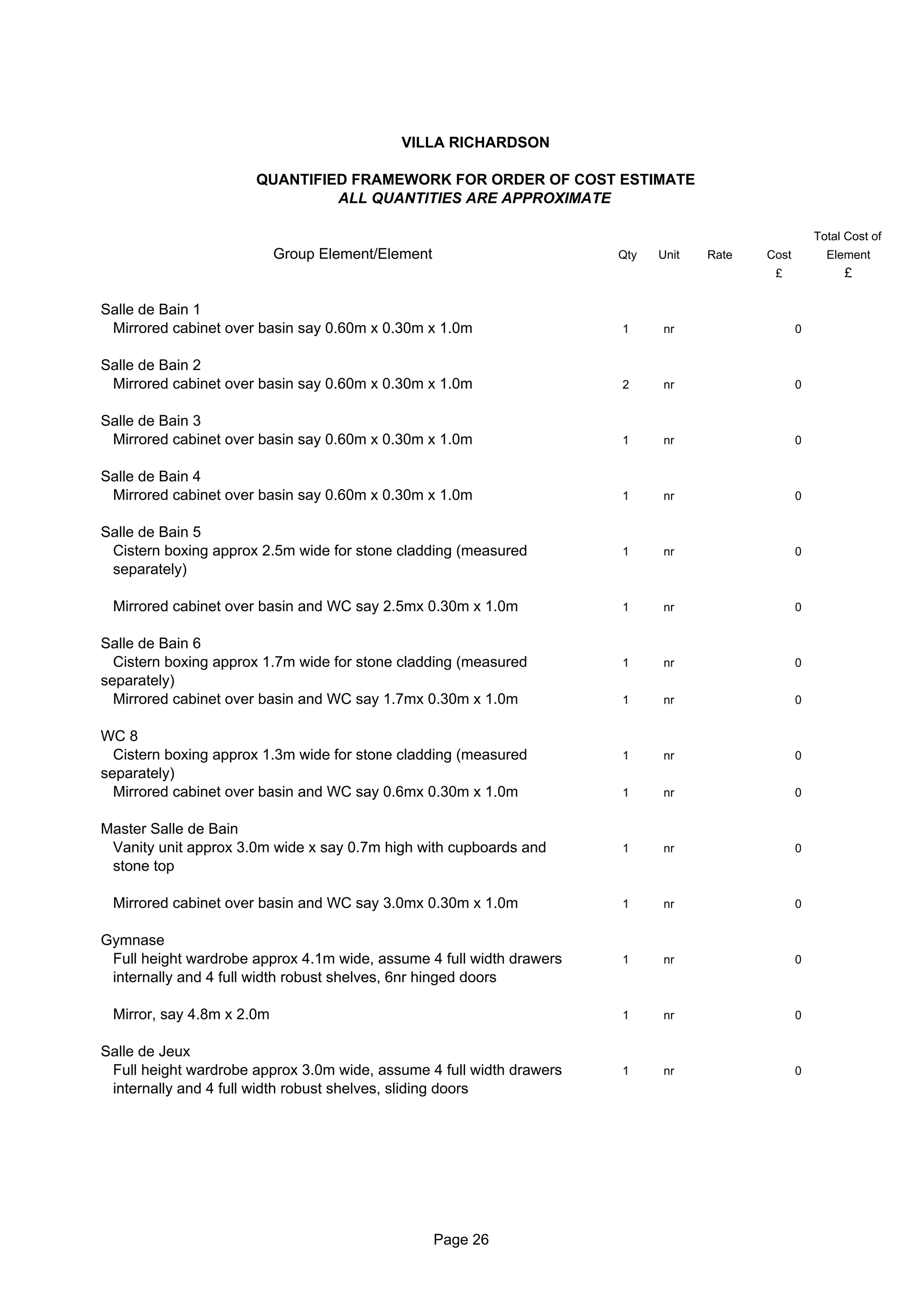 VILLA RICHARDSON

                      QUANTIFIED FRAMEWORK FOR ORDER OF COST ESTIMATE
                               ALL QUANTITIES ARE APPROXIMATE

                                                                                                     Total Cost of
                           Group Element/Element                      Qty   Unit   Rate   Cost         Element
                                                                                           £              £

Salle de Bain 1
 Mirrored cabinet over basin say 0.60m x 0.30m x 1.0m                 1     nr                   0


Salle de Bain 2
 Mirrored cabinet over basin say 0.60m x 0.30m x 1.0m                 2     nr                   0


Salle de Bain 3
 Mirrored cabinet over basin say 0.60m x 0.30m x 1.0m                 1     nr                   0


Salle de Bain 4
 Mirrored cabinet over basin say 0.60m x 0.30m x 1.0m                 1     nr                   0


Salle de Bain 5
 Cistern boxing approx 2.5m wide for stone cladding (measured         1     nr                   0
 separately)

 Mirrored cabinet over basin and WC say 2.5mx 0.30m x 1.0m            1     nr                   0


Salle de Bain 6
  Cistern boxing approx 1.7m wide for stone cladding (measured        1     nr                   0
separately)
  Mirrored cabinet over basin and WC say 1.7mx 0.30m x 1.0m           1     nr                   0


WC 8
  Cistern boxing approx 1.3m wide for stone cladding (measured        1     nr                   0
separately)
  Mirrored cabinet over basin and WC say 0.6mx 0.30m x 1.0m           1     nr                   0


Master Salle de Bain
 Vanity unit approx 3.0m wide x say 0.7m high with cupboards and      1     nr                   0
 stone top

 Mirrored cabinet over basin and WC say 3.0mx 0.30m x 1.0m            1     nr                   0


Gymnase
 Full height wardrobe approx 4.1m wide, assume 4 full width drawers   1     nr                   0
 internally and 4 full width robust shelves, 6nr hinged doors

 Mirror, say 4.8m x 2.0m                                              1     nr                   0


Salle de Jeux
 Full height wardrobe approx 3.0m wide, assume 4 full width drawers   1     nr                   0
 internally and 4 full width robust shelves, sliding doors




                                                   Page 26
 