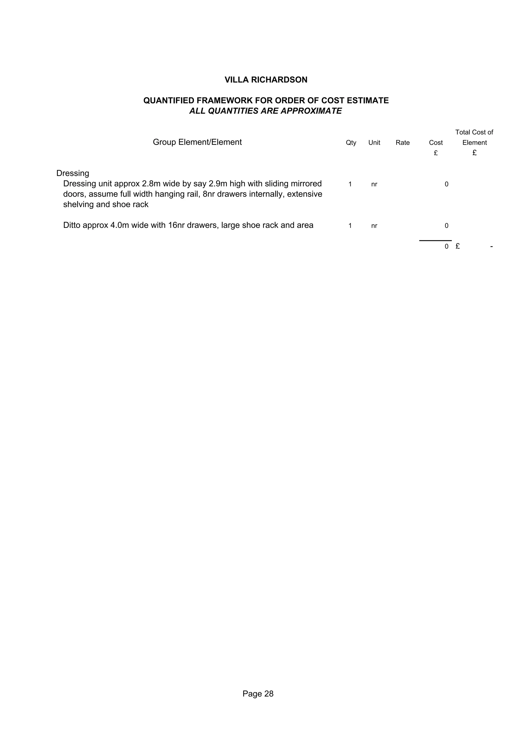 VILLA RICHARDSON

                       QUANTIFIED FRAMEWORK FOR ORDER OF COST ESTIMATE
                                ALL QUANTITIES ARE APPROXIMATE

                                                                                                           Total Cost of
                          Group Element/Element                             Qty   Unit   Rate   Cost           Element
                                                                                                 £               £

Dressing
 Dressing unit approx 2.8m wide by say 2.9m high with sliding mirrored      1     nr                   0
 doors, assume full width hanging rail, 8nr drawers internally, extensive
 shelving and shoe rack

 Ditto approx 4.0m wide with 16nr drawers, large shoe rack and area         1     nr                   0


                                                                                                       0   £             -




                                                   Page 28
 