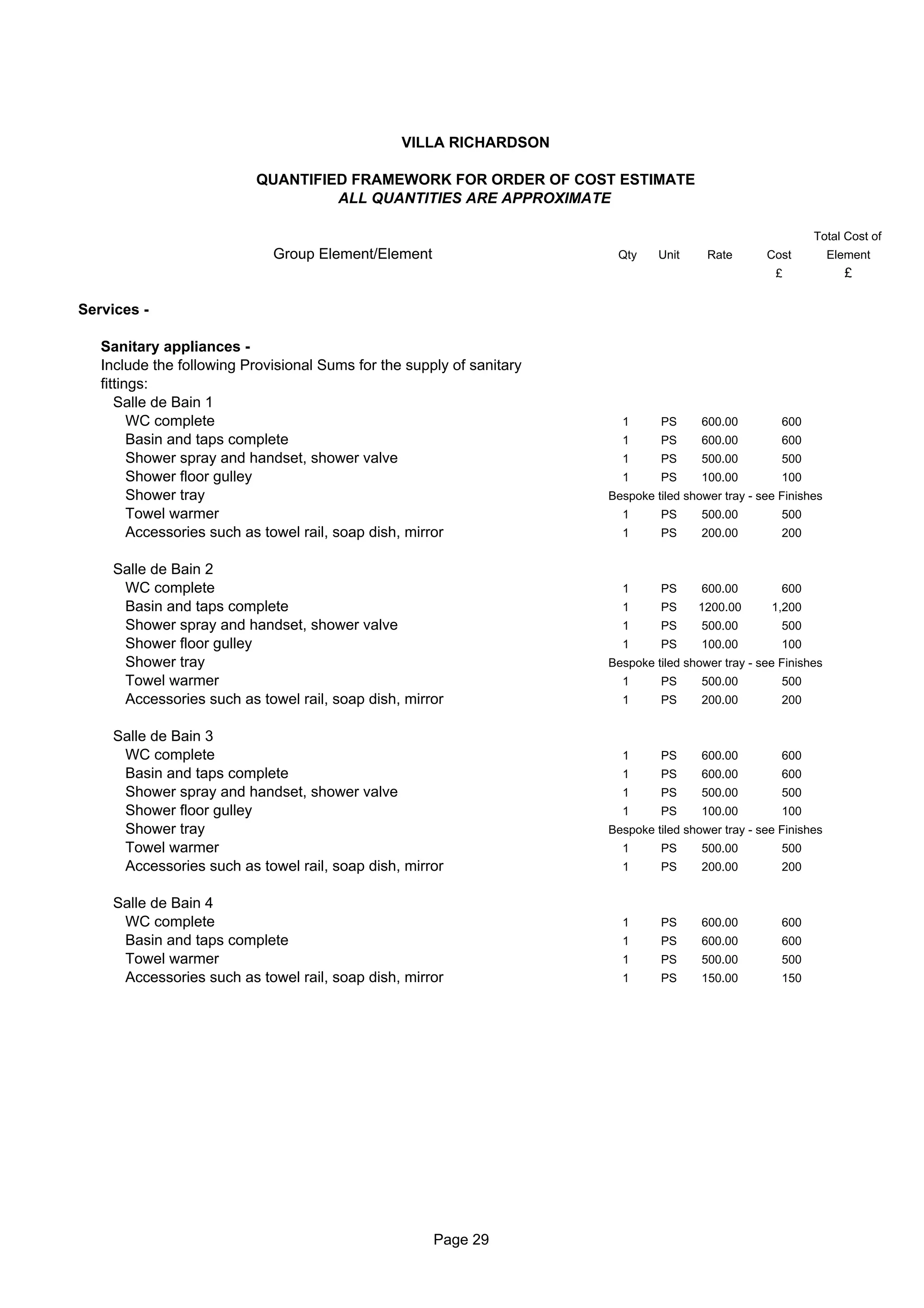 VILLA RICHARDSON

                           QUANTIFIED FRAMEWORK FOR ORDER OF COST ESTIMATE
                                    ALL QUANTITIES ARE APPROXIMATE

                                                                                                             Total Cost of
                             Group Element/Element                      Qty     Unit     Rate       Cost          Element
                                                                                                      £             £

Services -

   Sanitary appliances -
   Include the following Provisional Sums for the supply of sanitary
   fittings:
      Salle de Bain 1
         WC complete                                                     1      PS      600.00         600
         Basin and taps complete                                         1      PS      600.00         600
         Shower spray and handset, shower valve                          1      PS      500.00         500
         Shower floor gulley                                             1      PS      100.00         100
         Shower tray                                                   Bespoke tiled shower tray - see Finishes
         Towel warmer                                                    1      PS      500.00         500
         Accessories such as towel rail, soap dish, mirror               1      PS      200.00         200


    Salle de Bain 2
     WC complete                                                         1      PS      600.00         600
     Basin and taps complete                                             1      PS     1200.00       1,200
     Shower spray and handset, shower valve                              1      PS      500.00         500
     Shower floor gulley                                                 1      PS      100.00         100
     Shower tray                                                       Bespoke tiled shower tray - see Finishes
     Towel warmer                                                        1      PS      500.00         500
     Accessories such as towel rail, soap dish, mirror                   1      PS      200.00         200


    Salle de Bain 3
     WC complete                                                         1      PS      600.00         600
     Basin and taps complete                                             1      PS      600.00         600
     Shower spray and handset, shower valve                              1      PS      500.00         500
     Shower floor gulley                                                 1      PS      100.00         100
     Shower tray                                                       Bespoke tiled shower tray - see Finishes
     Towel warmer                                                        1      PS      500.00         500
     Accessories such as towel rail, soap dish, mirror                   1      PS      200.00         200


    Salle de Bain 4
     WC complete                                                         1      PS      600.00         600
     Basin and taps complete                                             1      PS      600.00         600
     Towel warmer                                                        1      PS      500.00         500
     Accessories such as towel rail, soap dish, mirror                   1      PS      150.00         150




                                                      Page 29
 