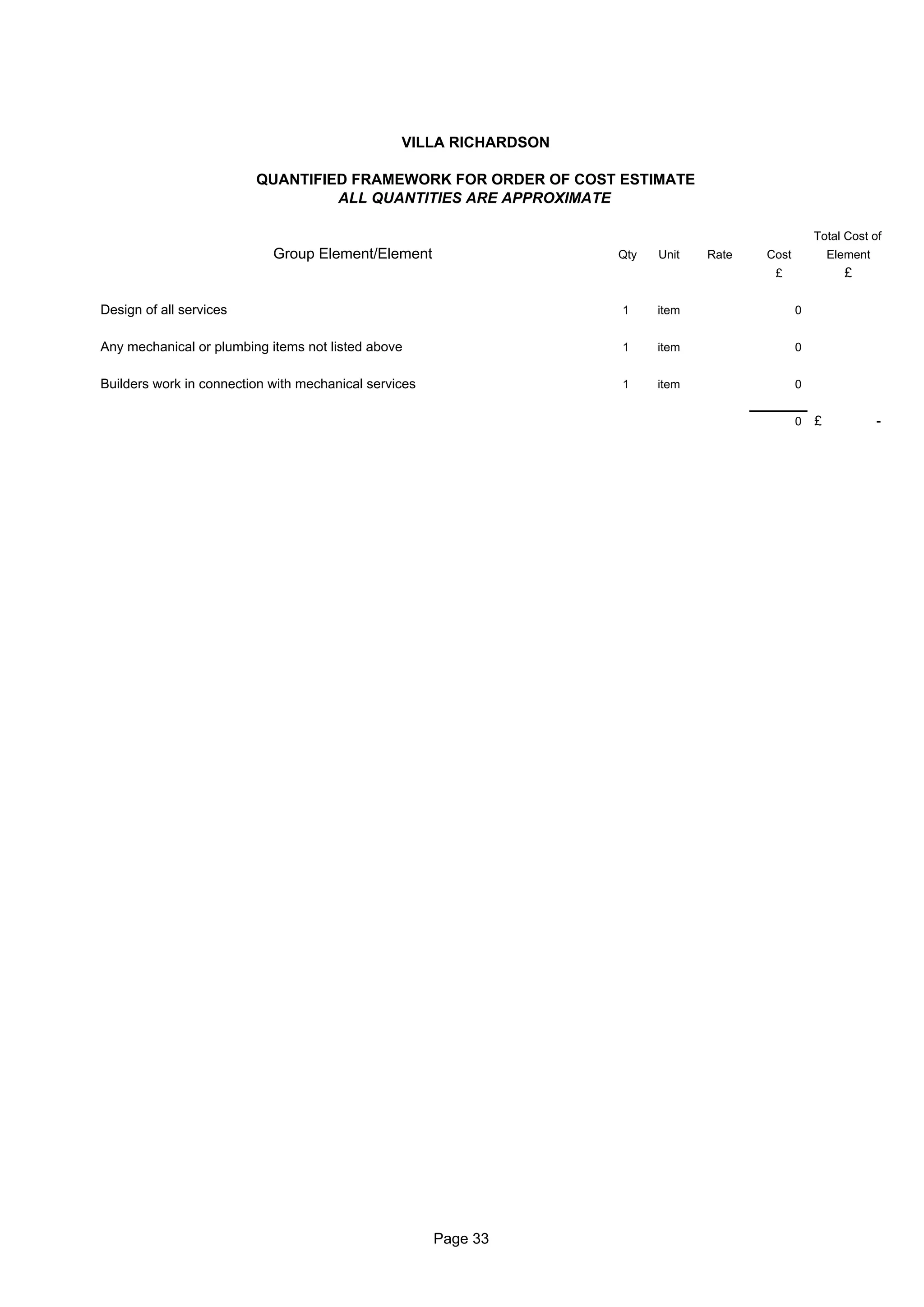 VILLA RICHARDSON

                         QUANTIFIED FRAMEWORK FOR ORDER OF COST ESTIMATE
                                  ALL QUANTITIES ARE APPROXIMATE

                                                                                                   Total Cost of
                            Group Element/Element                   Qty   Unit   Rate   Cost           Element
                                                                                         £               £

Design of all services                                              1     item                 0


Any mechanical or plumbing items not listed above                   1     item                 0


Builders work in connection with mechanical services                1     item                 0


                                                                                               0   £             -




                                                       Page 33
 