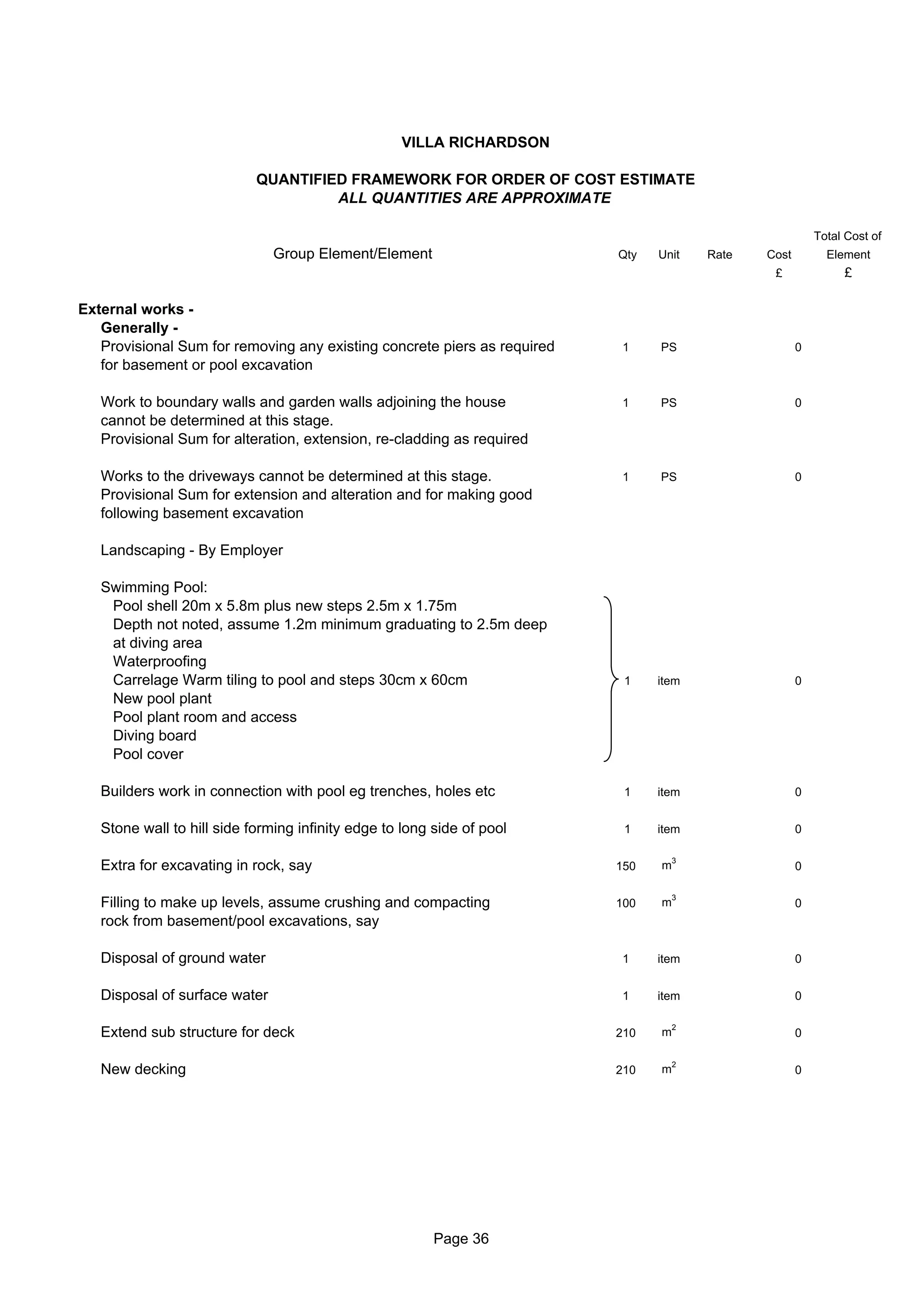 VILLA RICHARDSON

                            QUANTIFIED FRAMEWORK FOR ORDER OF COST ESTIMATE
                                     ALL QUANTITIES ARE APPROXIMATE

                                                                                                          Total Cost of
                               Group Element/Element                      Qty   Unit    Rate   Cost         Element
                                                                                                £              £

External works -
   Generally -
   Provisional Sum for removing any existing concrete piers as required   1     PS                    0
   for basement or pool excavation

   Work to boundary walls and garden walls adjoining the house            1     PS                    0
   cannot be determined at this stage.
   Provisional Sum for alteration, extension, re-cladding as required

   Works to the driveways cannot be determined at this stage.             1     PS                    0
   Provisional Sum for extension and alteration and for making good
   following basement excavation

   Landscaping - By Employer

   Swimming Pool:
    Pool shell 20m x 5.8m plus new steps 2.5m x 1.75m
    Depth not noted, assume 1.2m minimum graduating to 2.5m deep
    at diving area
    Waterproofing
    Carrelage Warm tiling to pool and steps 30cm x 60cm                    1    item                  0
    New pool plant
    Pool plant room and access
    Diving board
    Pool cover

   Builders work in connection with pool eg trenches, holes etc            1    item                  0


   Stone wall to hill side forming infinity edge to long side of pool      1    item                  0

                                                                                    3
   Extra for excavating in rock, say                                      150   m                     0

                                                                                    3
   Filling to make up levels, assume crushing and compacting              100   m                     0
   rock from basement/pool excavations, say

   Disposal of ground water                                               1     item                  0


   Disposal of surface water                                              1     item                  0

                                                                                    2
   Extend sub structure for deck                                          210   m                     0

                                                                                    2
   New decking                                                            210   m                     0




                                                         Page 36
 