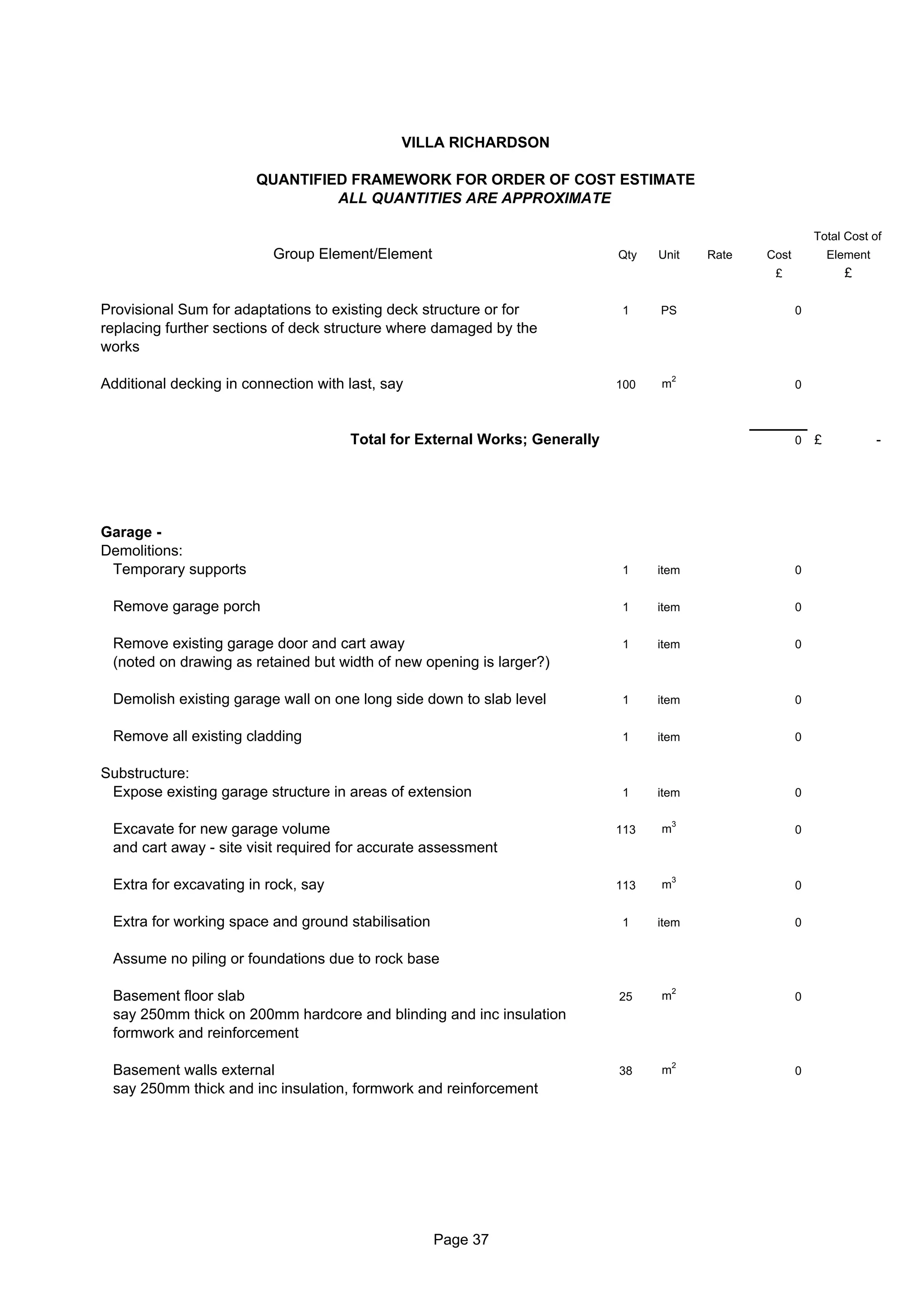 VILLA RICHARDSON

                        QUANTIFIED FRAMEWORK FOR ORDER OF COST ESTIMATE
                                 ALL QUANTITIES ARE APPROXIMATE

                                                                                                            Total Cost of
                          Group Element/Element                             Qty   Unit    Rate   Cost           Element
                                                                                                  £               £

Provisional Sum for adaptations to existing deck structure or for           1     PS                    0
replacing further sections of deck structure where damaged by the
works

                                                                                      2
Additional decking in connection with last, say                             100   m                     0



                                      Total for External Works; Generally                               0   £             -




Garage -
Demolitions:
 Temporary supports                                                         1     item                  0


 Remove garage porch                                                        1     item                  0


 Remove existing garage door and cart away                                  1     item                  0
 (noted on drawing as retained but width of new opening is larger?)

 Demolish existing garage wall on one long side down to slab level          1     item                  0


 Remove all existing cladding                                               1     item                  0


Substructure:
 Expose existing garage structure in areas of extension                     1     item                  0

                                                                                      3
 Excavate for new garage volume                                             113   m                     0
 and cart away - site visit required for accurate assessment

                                                                                      3
 Extra for excavating in rock, say                                          113   m                     0


 Extra for working space and ground stabilisation                           1     item                  0


 Assume no piling or foundations due to rock base

                                                                                      2
 Basement floor slab                                                        25    m                     0
 say 250mm thick on 200mm hardcore and blinding and inc insulation
 formwork and reinforcement

                                                                                      2
 Basement walls external                                                    38    m                     0
 say 250mm thick and inc insulation, formwork and reinforcement




                                                    Page 37
 