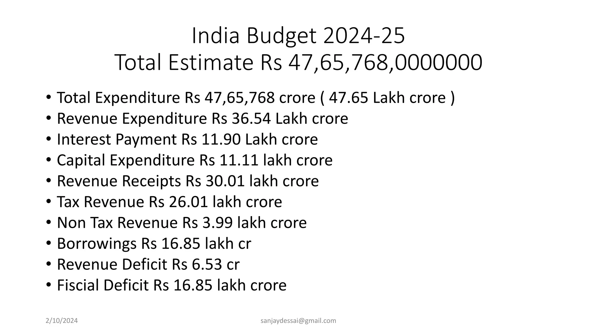India Budget 2024-25
Total Estimate Rs 47,65,768,0000000
• Total Expenditure Rs 47,65,768 crore ( 47.65 Lakh crore )
• Revenue Expenditure Rs 36.54 Lakh crore
• Interest Payment Rs 11.90 Lakh crore
• Capital Expenditure Rs 11.11 lakh crore
• Revenue Receipts Rs 30.01 lakh crore
• Tax Revenue Rs 26.01 lakh crore
• Non Tax Revenue Rs 3.99 lakh crore
• Borrowings Rs 16.85 lakh cr
• Revenue Deficit Rs 6.53 cr
• Fiscial Deficit Rs 16.85 lakh crore
2/10/2024 sanjaydessai@gmail.com
