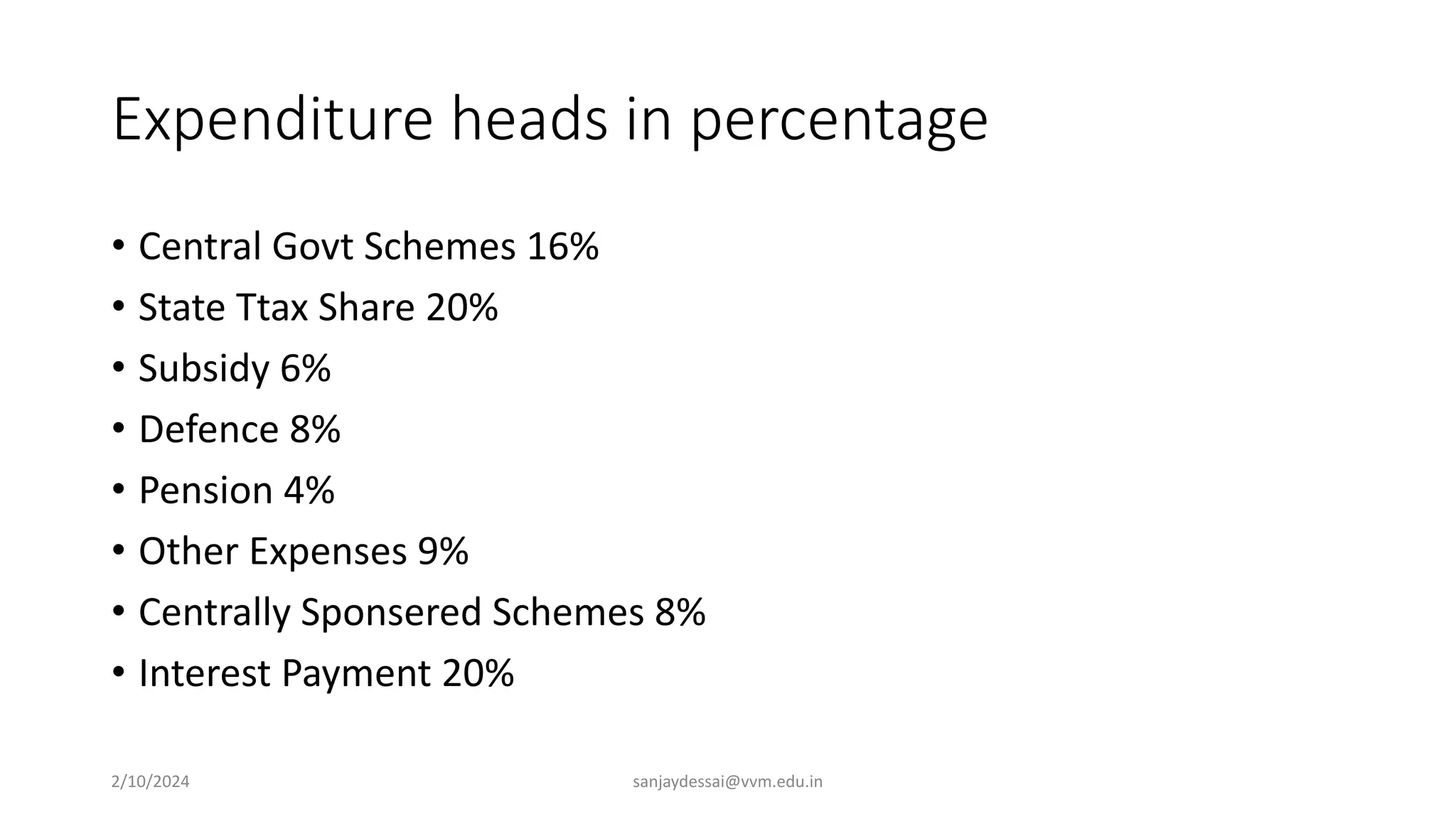 Expenditure heads in percentage
• Central Govt Schemes 16%
• State Ttax Share 20%
• Subsidy 6%
• Defence 8%
• Pension 4%
• Other Expenses 9%
• Centrally Sponsered Schemes 8%
• Interest Payment 20%
2/10/2024 sanjaydessai@vvm.edu.in