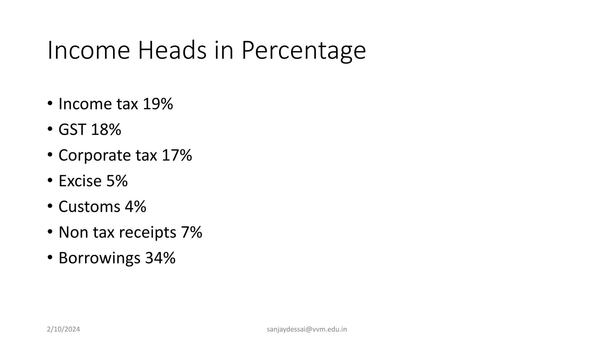 Income Heads in Percentage
• Income tax 19%
• GST 18%
• Corporate tax 17%
• Excise 5%
• Customs 4%
• Non tax receipts 7%
• Borrowings 34%
2/10/2024 sanjaydessai@vvm.edu.in
