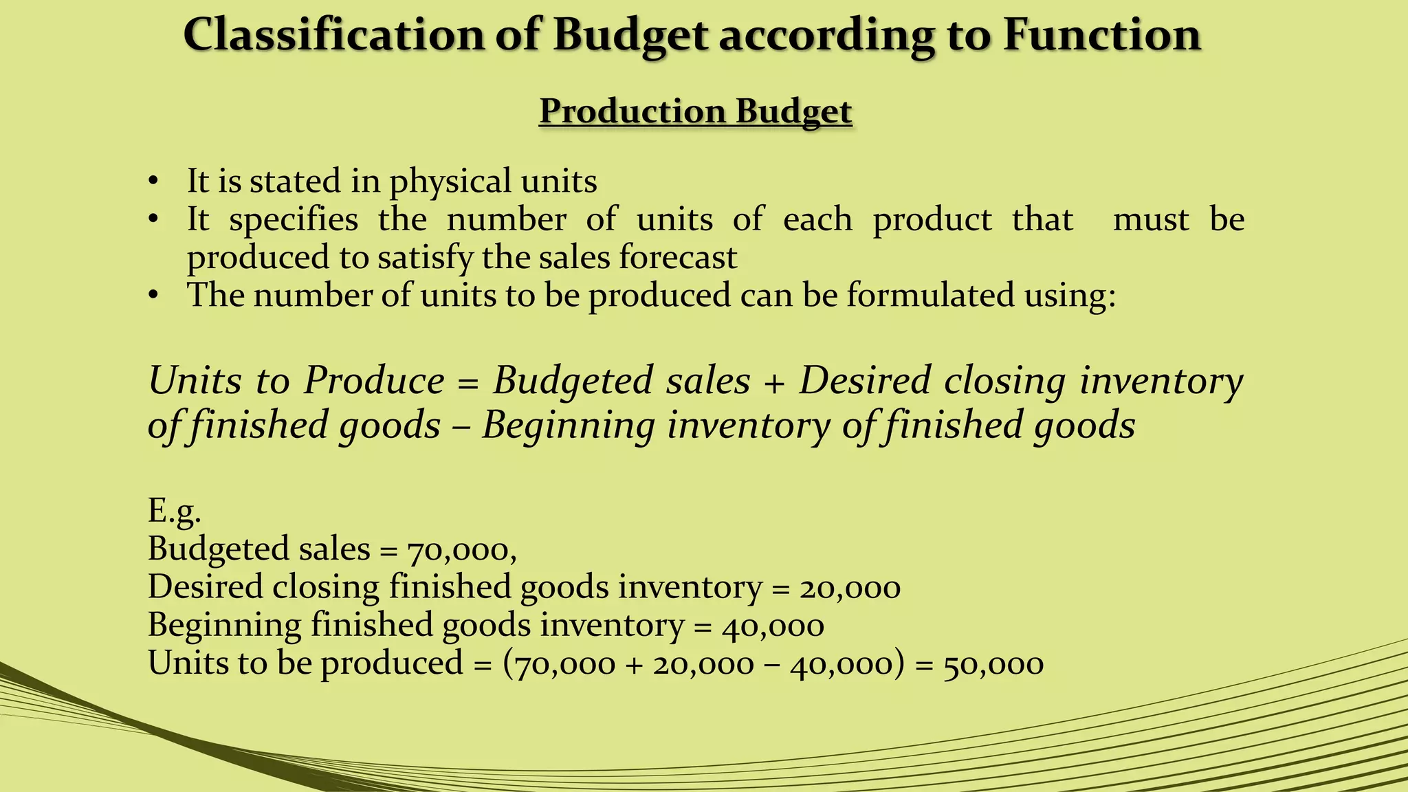 Classification of Budget according to Function
Production Budget
• It is stated in physical units
• It specifies the number of units of each product that must be
produced to satisfy the sales forecast
• The number of units to be produced can be formulated using:
Units to Produce = Budgeted sales + Desired closing inventory
of finished goods – Beginning inventory of finished goods
E.g.
Budgeted sales = 70,000,
Desired closing finished goods inventory = 20,000
Beginning finished goods inventory = 40,000
Units to be produced = (70,000 + 20,000 – 40,000) = 50,000
 