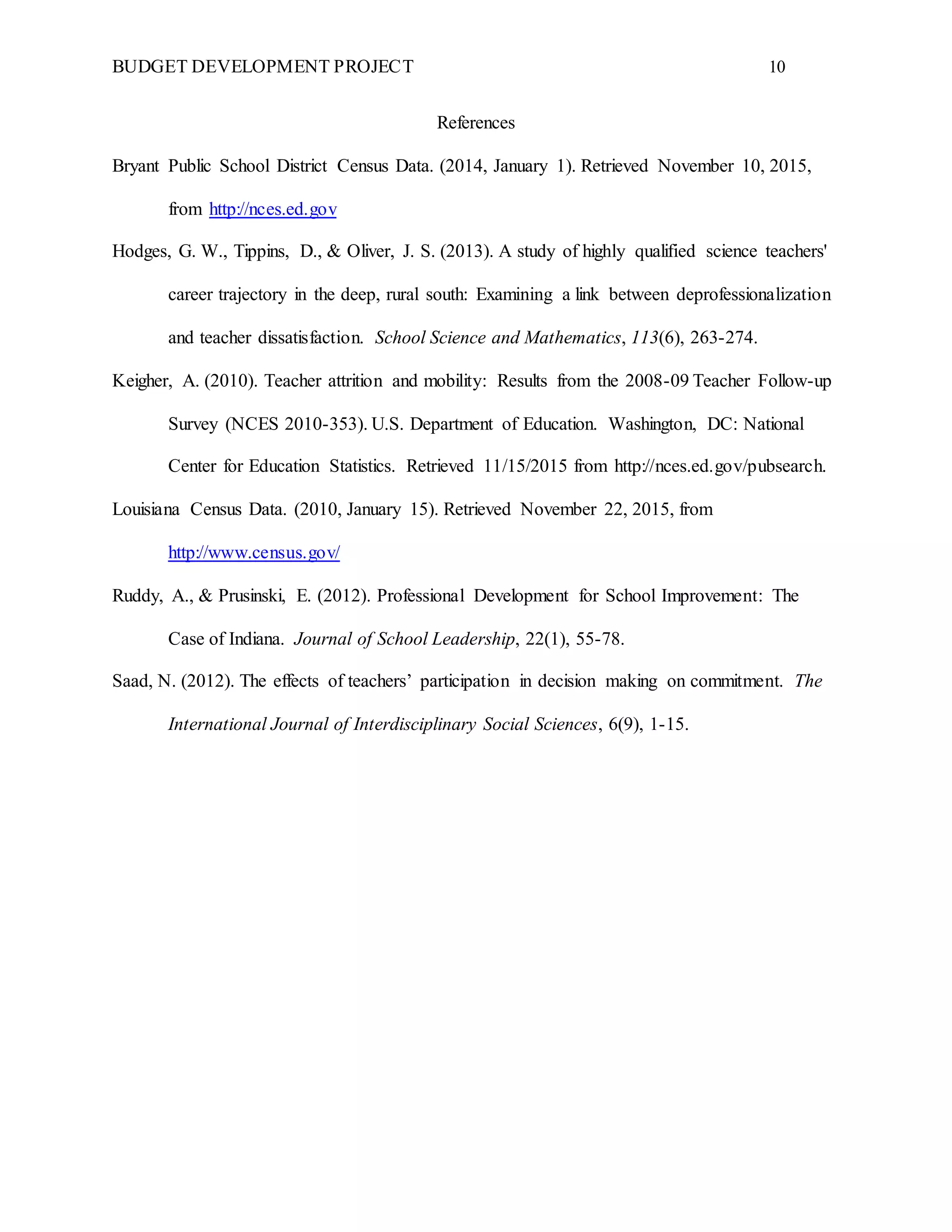 BUDGET DEVELOPMENT PROJECT 10
References
Bryant Public School District Census Data. (2014, January 1). Retrieved November 10, 2015,
from http://nces.ed.gov
Hodges, G. W., Tippins, D., & Oliver, J. S. (2013). A study of highly qualified science teachers'
career trajectory in the deep, rural south: Examining a link between deprofessionalization
and teacher dissatisfaction. School Science and Mathematics, 113(6), 263-274.
Keigher, A. (2010). Teacher attrition and mobility: Results from the 2008-09 Teacher Follow-up
Survey (NCES 2010-353). U.S. Department of Education. Washington, DC: National
Center for Education Statistics. Retrieved 11/15/2015 from http://nces.ed.gov/pubsearch.
Louisiana Census Data. (2010, January 15). Retrieved November 22, 2015, from
http://www.census.gov/
Ruddy, A., & Prusinski, E. (2012). Professional Development for School Improvement: The
Case of Indiana. Journal of School Leadership, 22(1), 55-78.
Saad, N. (2012). The effects of teachers’ participation in decision making on commitment. The
International Journal of Interdisciplinary Social Sciences, 6(9), 1-15.
 