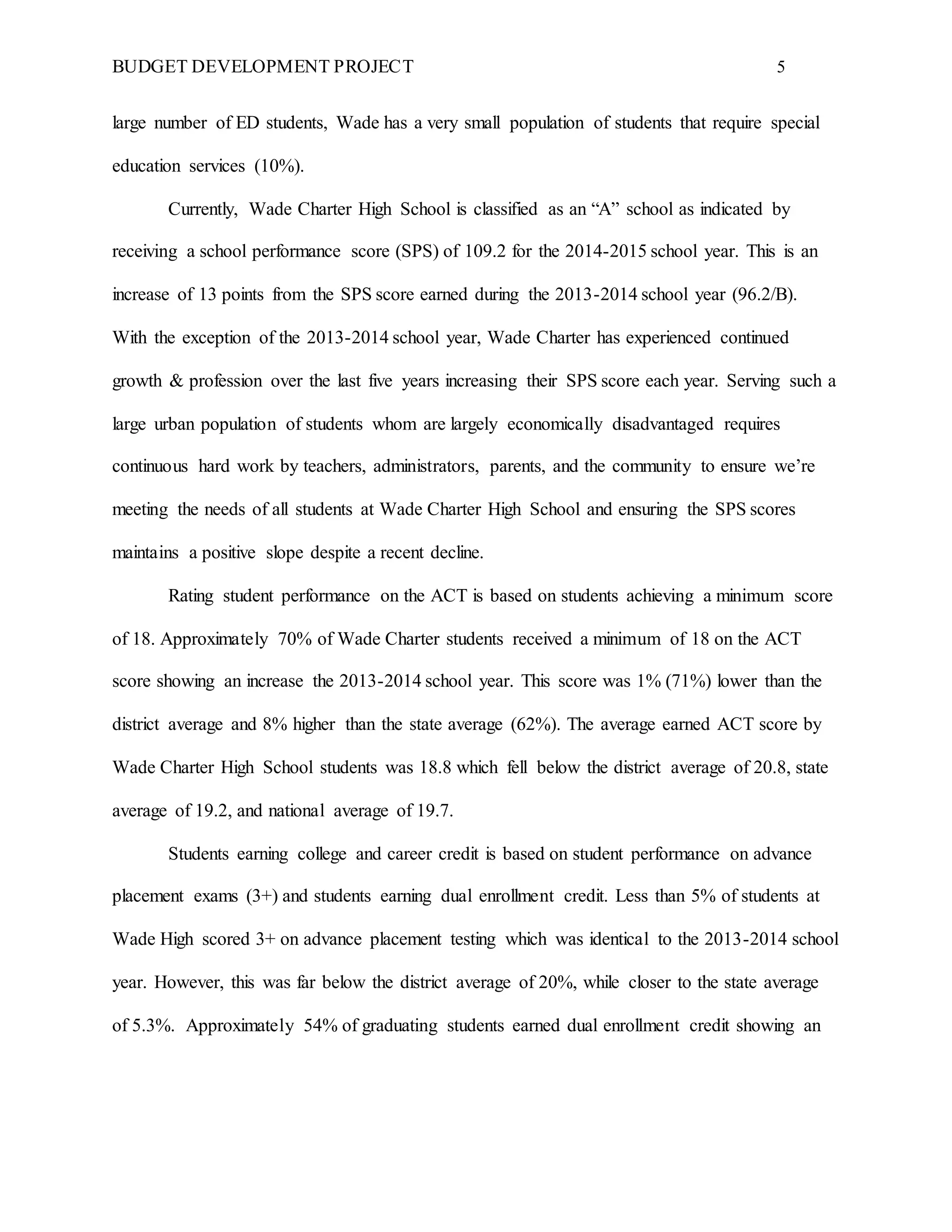 BUDGET DEVELOPMENT PROJECT 5
large number of ED students, Wade has a very small population of students that require special
education services (10%).
Currently, Wade Charter High School is classified as an “A” school as indicated by
receiving a school performance score (SPS) of 109.2 for the 2014-2015 school year. This is an
increase of 13 points from the SPS score earned during the 2013-2014 school year (96.2/B).
With the exception of the 2013-2014 school year, Wade Charter has experienced continued
growth & profession over the last five years increasing their SPS score each year. Serving such a
large urban population of students whom are largely economically disadvantaged requires
continuous hard work by teachers, administrators, parents, and the community to ensure we’re
meeting the needs of all students at Wade Charter High School and ensuring the SPS scores
maintains a positive slope despite a recent decline.
Rating student performance on the ACT is based on students achieving a minimum score
of 18. Approximately 70% of Wade Charter students received a minimum of 18 on the ACT
score showing an increase the 2013-2014 school year. This score was 1% (71%) lower than the
district average and 8% higher than the state average (62%). The average earned ACT score by
Wade Charter High School students was 18.8 which fell below the district average of 20.8, state
average of 19.2, and national average of 19.7.
Students earning college and career credit is based on student performance on advance
placement exams (3+) and students earning dual enrollment credit. Less than 5% of students at
Wade High scored 3+ on advance placement testing which was identical to the 2013-2014 school
year. However, this was far below the district average of 20%, while closer to the state average
of 5.3%. Approximately 54% of graduating students earned dual enrollment credit showing an
 