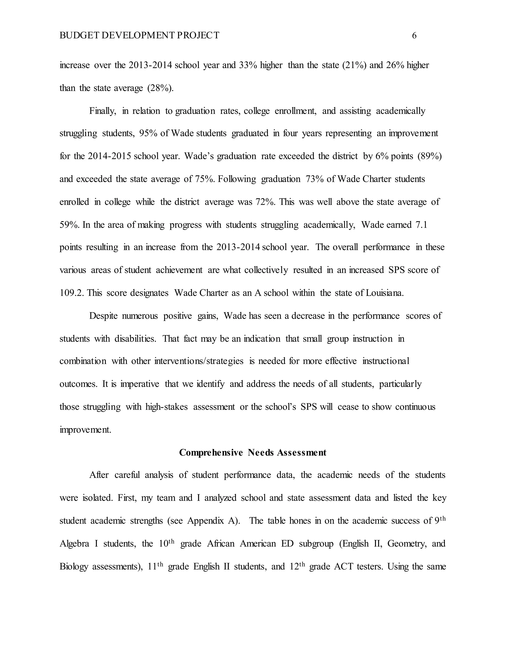 BUDGET DEVELOPMENT PROJECT 6
increase over the 2013-2014 school year and 33% higher than the state (21%) and 26% higher
than the state average (28%).
Finally, in relation to graduation rates, college enrollment, and assisting academically
struggling students, 95% of Wade students graduated in four years representing an improvement
for the 2014-2015 school year. Wade’s graduation rate exceeded the district by 6% points (89%)
and exceeded the state average of 75%. Following graduation 73% of Wade Charter students
enrolled in college while the district average was 72%. This was well above the state average of
59%. In the area of making progress with students struggling academically, Wade earned 7.1
points resulting in an increase from the 2013-2014 school year. The overall performance in these
various areas of student achievement are what collectively resulted in an increased SPS score of
109.2. This score designates Wade Charter as an A school within the state of Louisiana.
Despite numerous positive gains, Wade has seen a decrease in the performance scores of
students with disabilities. That fact may be an indication that small group instruction in
combination with other interventions/strategies is needed for more effective instructional
outcomes. It is imperative that we identify and address the needs of all students, particularly
those struggling with high-stakes assessment or the school’s SPS will cease to show continuous
improvement.
Comprehensive Needs Assessment
After careful analysis of student performance data, the academic needs of the students
were isolated. First, my team and I analyzed school and state assessment data and listed the key
student academic strengths (see Appendix A). The table hones in on the academic success of 9th
Algebra I students, the 10th grade African American ED subgroup (English II, Geometry, and
Biology assessments), 11th grade English II students, and 12th grade ACT testers. Using the same
 
