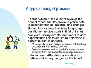 A typical budget process

    February-March: the director reviews the
     annual report and the previous year’s data
     to ascertain trends, patterns, and changes.
    Spring: Library board reviews long-range
     plan library service goals in light of trends.
    Mid-year: Library director and board review
     expenditures and revenues to determine if
     current budget is on track.
     •   Municipality begins budget process, establishing
         budget calendar and guidelines.
     •   Director reviews budget guidelines and obtains
         direction from the board for budget preparation.
    Late summer: After discussion, director
     drafts a preliminary budget for the board.
                                     (continued)
 