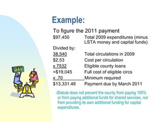 Example:
To figure the 2011 payment
$97,450           Total 2009 expenditures (minus
                  LSTA money and capital funds)
Divided by:
38,540            Total circulations in 2009
$2.53             Cost per circulation
x 7532            Eligible county loans
=$19,045          Full cost of eligible circs
x .70             Minimum required
$13,331.48        Payment due by March 2011
 -Statute does not prevent the county from paying 100%
  or from paying additional funds for shared services, nor
  from providing its own additional funding for capital
  expenditures.
 