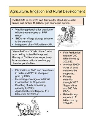 PM KUSUM to cover 20 lakh farmers for stand alone solar
d f th 15 l kh f id t d
Agriculture, Irrigation and Rural Development
pumps and further 15 lakh for grid connected pumps.
• Viability gap funding for creation of
efficient warehouses on PPP
mode.
SHG Vill t h• SHGs run Village storage scheme
to be launched.
• Integartion of e-NWR with e-NAM.
“Kisan Rail” and “Krishi Udaan” to be
l h d b I di R il d
• Fish Production
launched by Indian Railways and
Ministry of Civil Aviation respectively
for a seamless national cold supply
chain for perishables.
target of 200
lakh tonnes by
2022-23.
• Another 45000
acres of aqua
Eli i ti f FMD d b ll i culture to be
supported.
• Fishery
extention
through 3477
Sagar Mitras
• Elimination of FMD and brucellosis
in cattle and PPR in sheep and
goat by 2025.
• Increasing coverage of artificial
insemination to 70 per cent.
• Doubling of milk processing Sagar Mitras
and 500 fish
FPOs.
• Raise fishery
exports to `1
lakh crore by
• Doubling of milk processing
capacity by 2025.
• Agricultural credit target of `15
lakh crore for 2020-21.
lakh crore by
2024-25.
8
 