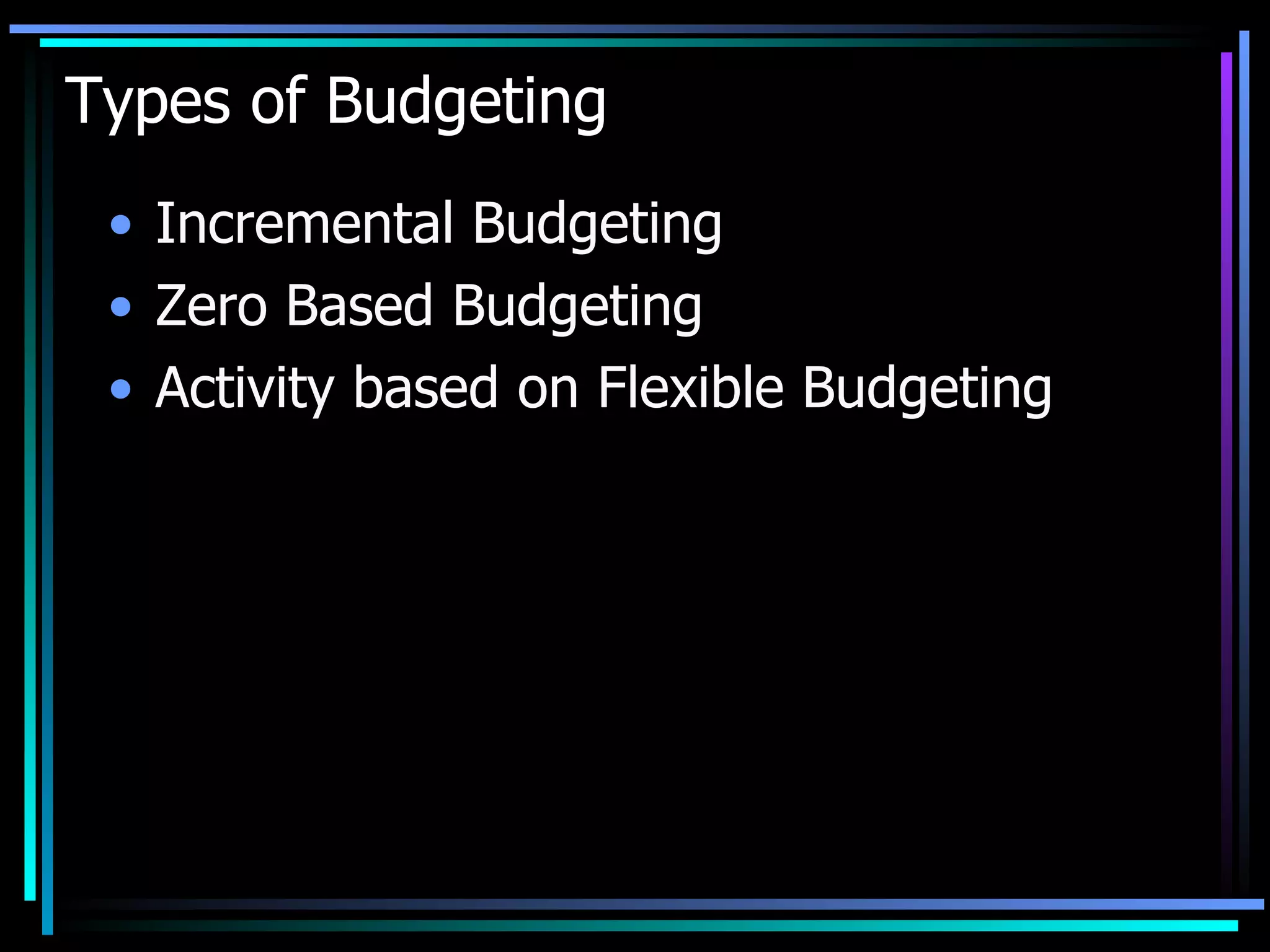 Types of Budgeting Incremental Budgeting Zero Based Budgeting Activity based on Flexible Budgeting 