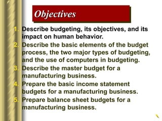 1. Describe budgeting, its objectives, and its
impact on human behavior.
2. Describe the basic elements of the budget
process, the two major types of budgeting,
and the use of computers in budgeting.
3. Describe the master budget for a
manufacturing business.
4. Prepare the basic income statement
budgets for a manufacturing business.
5. Prepare balance sheet budgets for a
manufacturing business.
Objectives
 