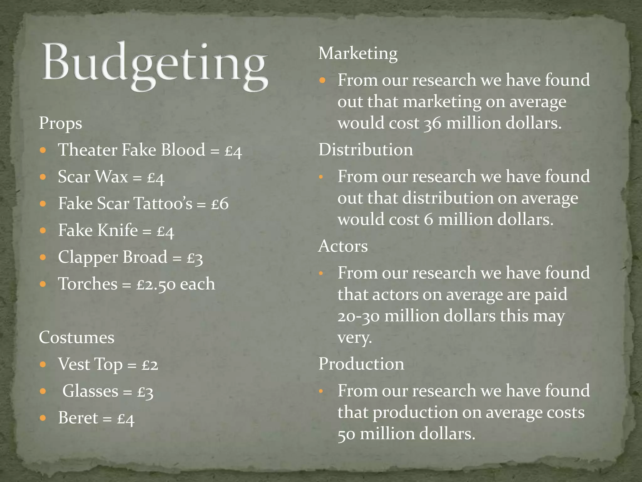 Props
Theater Fake Blood = £4
Scar Wax = £4
Fake Scar Tattoo’s = £6
Fake Knife = £4
Clapper Broad = £3
Torches = £2.50 each
Costumes
Vest Top = £2
Glasses = £3
Beret = £4
Marketing
From our research we have found
out that marketing on average
would cost 36 million dollars.
Distribution
• From our research we have found
out that distribution on average
would cost 6 million dollars.
Actors
• From our research we have found
that actors on average are paid
20-30 million dollars this may
very.
Production
• From our research we have found
that production on average costs
50 million dollars.
