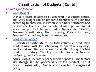16
Classification of Budgets ( Contd )
According to function:
 Sales Budget:
It is a forecast of sales to be achieved in a budget period.
The sales budget can be prepared to show sales classified
according to products, salesmen, customers, territories and
periods etc. Factors to be considered while preparation of
sales budget include past sales figures and trends,
Salesmen’s estimates, Plant capacity, Orders in hand,
Seasonal fluctuations, Potential market etc.
 Production Budget:
Provides an estimate of the total volume of production
product-wise, with the scheduling of operations by days,
weeks and months and a forecast of the closing finished
product inventory. The key considerations involved in
budgeting production are:
Sales Budget, Inventory policy which depends upon factors
like storage facility, perishability of the product, risk of
price changes etc., Production capacity, management
policy.
 