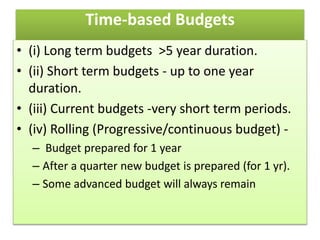Time-based Budgets
• (i) Long term budgets >5 year duration.
• (ii) Short term budgets - up to one year
duration.
• (iii) Current budgets -very short term periods.
• (iv) Rolling (Progressive/continuous budget) -
– Budget prepared for 1 year
– After a quarter new budget is prepared (for 1 yr).
– Some advanced budget will always remain
 