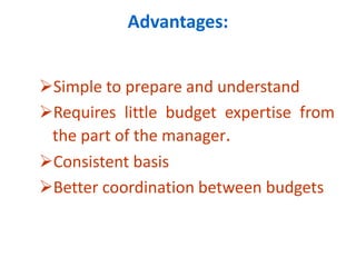 Advantages:
Simple to prepare and understand
Requires little budget expertise from
the part of the manager.
Consistent basis
Better coordination between budgets
 