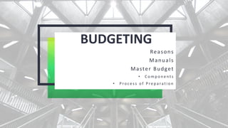 BUDGETING
Reasons
Manuals
Master Budget
• C o m p o n e n t s
• P ro c e s s o f P re p a ra t i o n
 