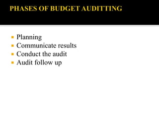  Planning
 Communicate results
 Conduct the audit
 Audit follow up
 