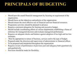  Should provide sound financial management by focusing on requirement of the
organization.
 Should focus on the objectives and policies of the organization.
 Should ensure the most effective use of financial and non financial resources.
 Programme activities should be planned in advance.
 Requires consistent delegation for framing and executive budget.
 Should include coordinating efforts of various departments establishing a frame of
reference for managerial decision and evaluate managerial performance.
 Requires an adequate checks and balance against adoption of too high and too low
estimates.
 Must be appropriate to nature of business, services and to the type of budget.
 Prepared under the direction and supervision of administrator or financial officer.
 To be prepared and interpreted throughout the organization.
 Requires review of performance of previous year and adequacy both quantitatively
and qualitatively.
 Provision should be made for flexibility.
 