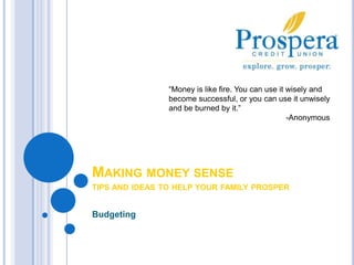 “Money is like fire. You can use it wisely and become successful, or you can use it unwisely and be burned by it.” 		     -Anonymous Making money sensetips and ideas to help your family prosper Budgeting  