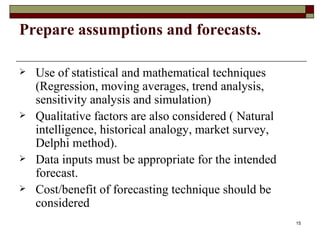 Prepare assumptions and forecasts. Use of statistical and mathematical techniques (Regression, moving averages, trend analysis, sensitivity analysis and simulation) Qualitative factors are also considered ( Natural intelligence, historical analogy, market survey, Delphi method). Data inputs must be appropriate for the intended forecast. Cost/benefit of forecasting technique should be considered 