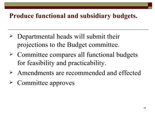 Produce functional and subsidiary budgets. Departmental heads will submit their projections to the Budget committee. Committee compares all functional budgets for feasibility and practicability. Amendments are recommended and effected Committee approves 
