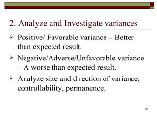 2. Analyze and Investigate variances Positive/ Favorable variance – Better than expected result. Negative/Adverse/Unfavorable variance – A worse than expected result. Analyze size and direction of variance, controllability, permanence. 