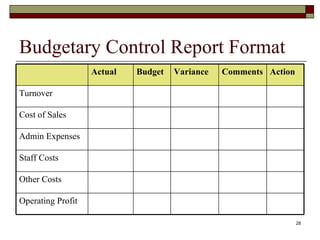 Budgetary Control Report Format Operating Profit Other Costs Staff Costs Admin Expenses Cost of Sales Turnover Action Comments Variance Budget Actual 