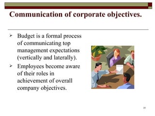 Communication of corporate objectives. Budget is a formal process of communicating top management expectations (vertically and laterally). Employees become aware of their roles in achievement of overall company objectives. 