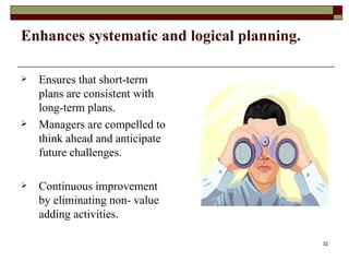 Enhances systematic and logical planning. Ensures that short-term plans are consistent with long-term plans. Managers are compelled to think ahead and anticipate future challenges. Continuous improvement by eliminating non- value adding activities. 