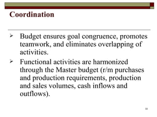 Coordination Budget ensures goal congruence, promotes teamwork, and eliminates overlapping of activities. Functional activities are harmonized through the Master budget (r/m purchases and production requirements, production and sales volumes, cash inflows and outflows). 