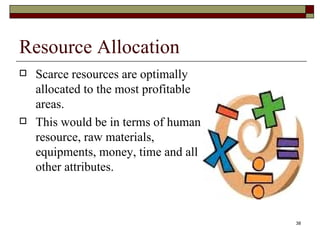 Resource Allocation Scarce resources are optimally allocated to the most profitable areas. This would be in terms of human resource, raw materials, equipments, money, time and all other attributes. 