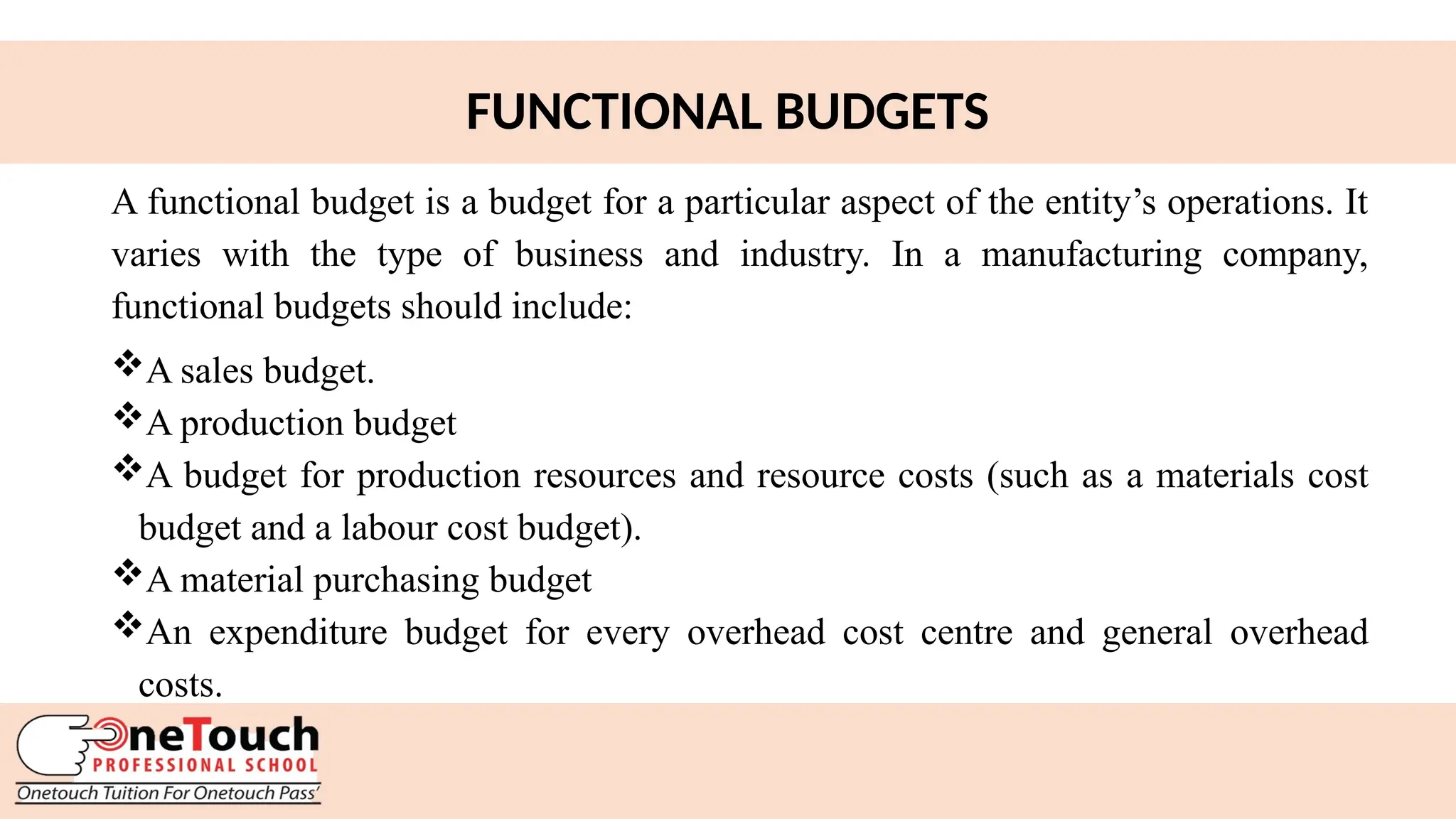 20
FUNCTIONAL BUDGETS
A functional budget is a budget for a particular aspect of the entity’s operations. It
varies with the type of business and industry. In a manufacturing company,
functional budgets should include:
A sales budget.
A production budget
A budget for production resources and resource costs (such as a materials cost
budget and a labour cost budget).
A material purchasing budget
An expenditure budget for every overhead cost centre and general overhead
costs.
 
