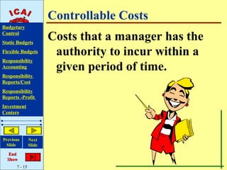 Controllable Costs
Budgetary
Control
Static Budgets
                       Costs that a manager has the
Flexible Budgets        authority to incur within a
Responsibility
Accounting              given period of time.
Responsibility
Reports/Cost
Responsibility
Reports -Profit
Investment
Centers




Previous       Next
 Slide         Slide

   End
  Show
      7 - 15
 