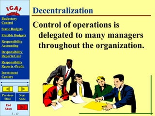 Decentralization
Budgetary
Control
Static Budgets
                       Control of operations is
Flexible Budgets        delegated to many managers
Responsibility
Accounting              throughout the organization.
Responsibility
Reports/Cost
Responsibility
Reports -Profit
Investment
Centers




Previous       Next
 Slide         Slide

   End
  Show
      7 - 17
 