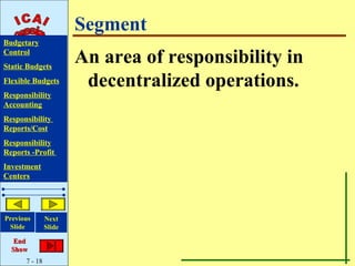 Segment
Budgetary
Control
Static Budgets
                       An area of responsibility in
Flexible Budgets        decentralized operations.
Responsibility
Accounting
Responsibility
Reports/Cost
Responsibility
Reports -Profit
Investment
Centers




Previous       Next
 Slide         Slide

   End
  Show
      7 - 18
 