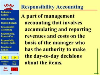 Responsibility Accounting
Budgetary
Control
Static Budgets
                       A part of management
Flexible Budgets        accounting that involves
Responsibility
Accounting              accumulating and reporting
Responsibility
Reports/Cost            revenues and costs on the
Responsibility
Reports -Profit         basis of the manager who
Investment
Centers                 has the authority to make
                        the day-to-day decisions
Previous
 Slide
               Next
               Slide    about the items.
   End
  Show
      7 - 19
 
