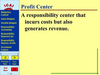 Profit Center
Budgetary
Control
Static Budgets
                       A responsibility center that
Flexible Budgets        incurs costs but also
Responsibility
Accounting              generates revenue.
Responsibility
Reports/Cost
Responsibility
Reports -Profit
Investment
Centers




Previous       Next
 Slide         Slide

   End
  Show
      7 - 24
 