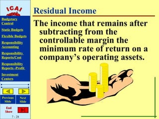 Residual Income
Budgetary
Control                The income that remains after
Static Budgets
Flexible Budgets
                        subtracting from the
Responsibility          controllable margin the
Accounting
Responsibility
                        minimum rate of return on a
Reports/Cost            company’s operating assets.
Responsibility
Reports -Profit
Investment
Centers




Previous       Next
 Slide         Slide

   End
  Show
      7 - 28
 