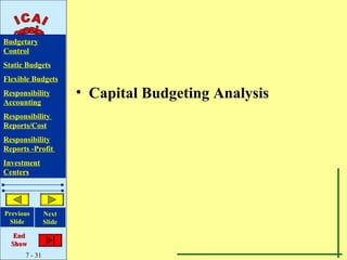Budgetary
Control
Static Budgets
Flexible Budgets
Responsibility         • Capital Budgeting Analysis
Accounting
Responsibility
Reports/Cost
Responsibility
Reports -Profit
Investment
Centers




Previous       Next
 Slide         Slide

   End
  Show
      7 - 31
 