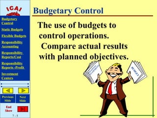 Budgetary Control
Budgetary
Control
Static Budgets
                        The use of budgets to
Flexible Budgets        control operations.
Responsibility
Accounting               Compare actual results
Responsibility
Reports/Cost            with planned objectives.
Responsibility




                                               TS
Reports -Profit




                                            EN L
                                          EMCIA




                                                    BU
                                       AT N
                                     ST INA




                                                      DG
Investment



                                       F




                                                       TE
Centers




Previous       Next
 Slide         Slide

   End
  Show
         7-5
 