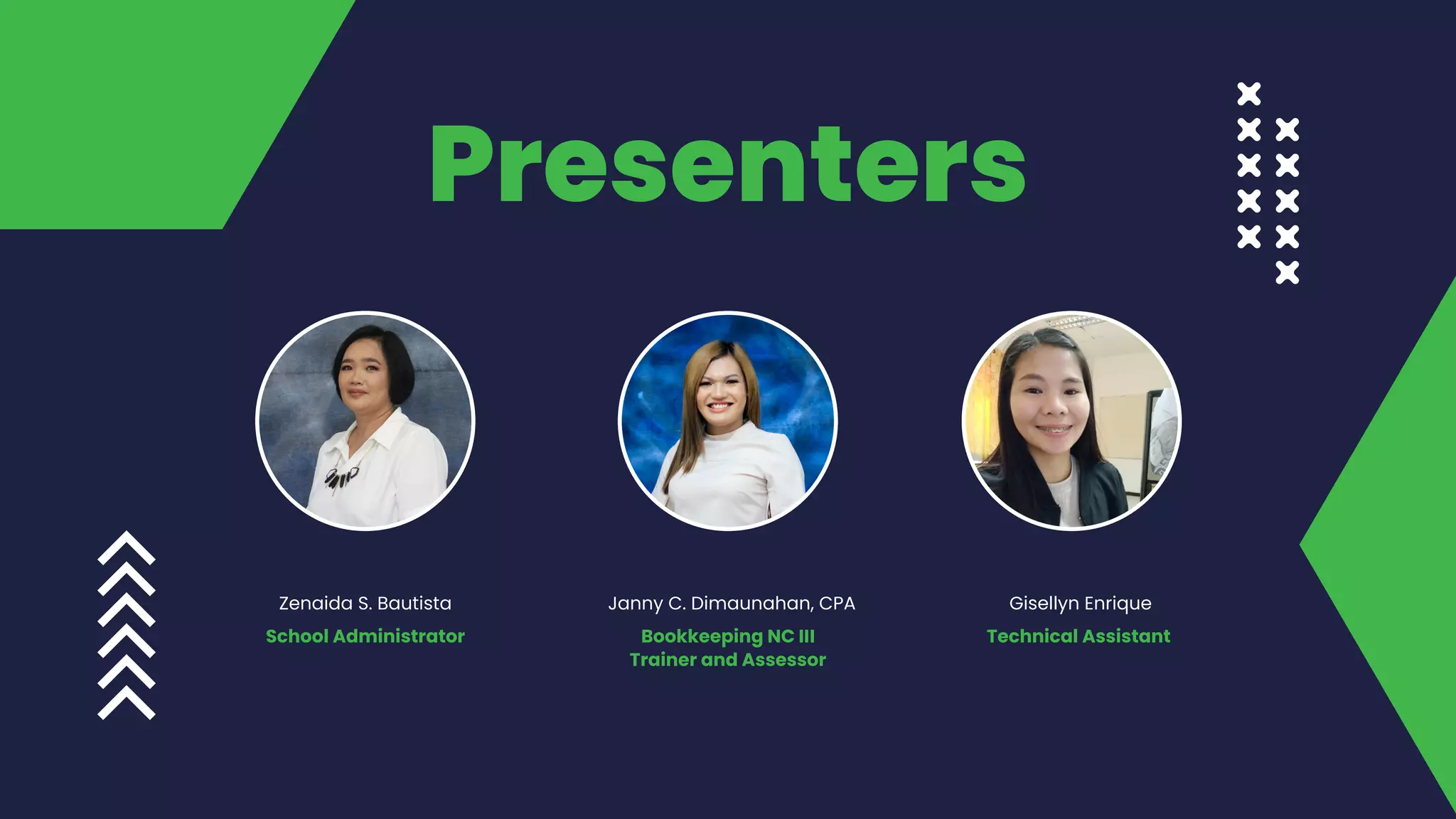 Presenters
Zenaida S. Bautista Janny C. Dimaunahan, CPA
Bookkeeping NC III
Trainer and Assessor
Gisellyn Enrique
Technical Assistant
School Administrator
 