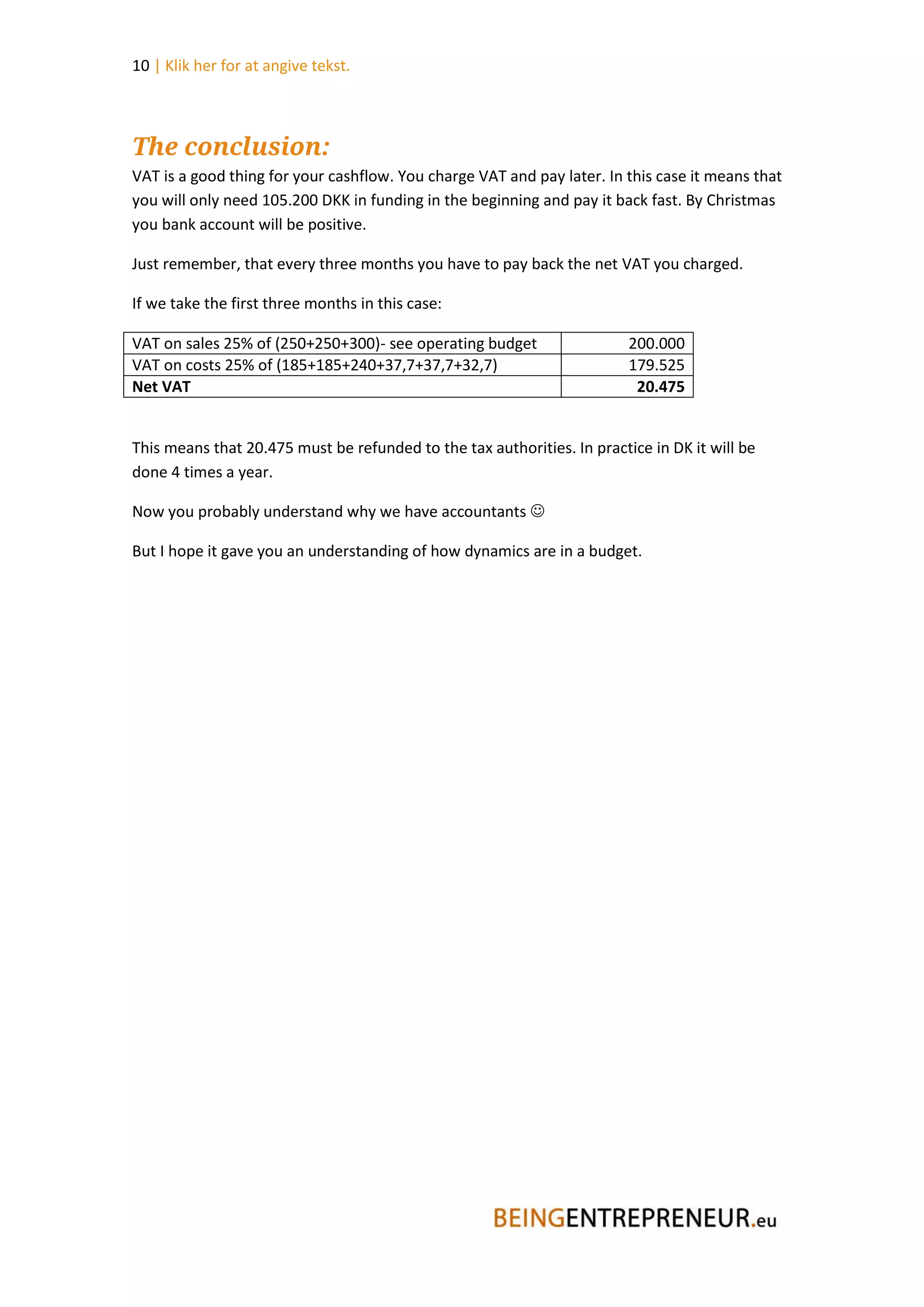 10 | Klik her for at angive tekst.



The conclusion:
VAT is a good thing for your cashflow. You charge VAT and pay later. In this case it means that
you will only need 105.200 DKK in funding in the beginning and pay it back fast. By Christmas
you bank account will be positive.

Just remember, that every three months you have to pay back the net VAT you charged.

If we take the first three months in this case:

VAT on sales 25% of (250+250+300)- see operating budget                  200.000
VAT on costs 25% of (185+185+240+37,7+37,7+32,7)                         179.525
Net VAT                                                                   20.475


This means that 20.475 must be refunded to the tax authorities. In practice in DK it will be
done 4 times a year.

Now you probably understand why we have accountants 

But I hope it gave you an understanding of how dynamics are in a budget.
 
