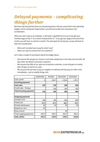 7 | Klik her for at angive tekst.




Delayed payments – complicating
things further
We have now learned that there are actually payments, that we cannot find in the operating
budget, and to complicate things further, we will have to take time of payment into
consideration.

When you start a job as an employee, it will make a big difference to you if you get your
monthly wage on the 1st of a month instead of the 31st. If you get you wage at the end of the
month, you will have no cash for a month. The same goes for businesses, so you will have to
take into consideration:

-   When will I actually have to pay for what I buy?
-   When can I get my money from my customers?

Let’s make a couple of assumption about the budget above:

-   We assume that we get our money in cash when people buy in the shop, but only after 30
    days when we deliver to business customers.
-   We assume that 40% of our sales are to business customers, so we only get our money
    after 30 days on half of our sales.
-   We assume that we have to pay our suppliers on delivery and also pay our other costs
    immediately – just to simplify things a bit.

                               September     October         November     December
Cash, primo                             0        -142,7          -135,4       -178,1
Incoming payments
Cash sales                            150              150         180           240
Credit sales - 30 days                                 100         100           120
Total incoming payments               150              250         280           360


Outgoing payments
Variable costs                        185              185         240           300
Fixed costs                          37,7          37,7           32,7          72,7
Private withdrawals                    20              20           20            20
Deposit on rent                        50
Shop interior                                                       30
Total outgoing payments             292,7         242,7          322,7         392,7
Cash, ultimo                        -142,7       -135,4          -178,1       -210,8
 