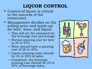 LIQUOR CONTROL
• Control of liquor is critical
  to the success of the
  restaurant.
• Management decides on the
  selling price and mark-up
  for beer, wine, and liquor.
  – This will set the standard for
    the beverage cost percentage.
  – Normal pouring cost for beer
    is 24 to 25%.
  – Wine should have a pouring
    cost of 26 to 30%.
  – Liquor pouring costs should
    be 16 to 20% of sales.
  – Combined, the beverage
    pouring cost should be 23 to
    25% of beverage sales.
 
