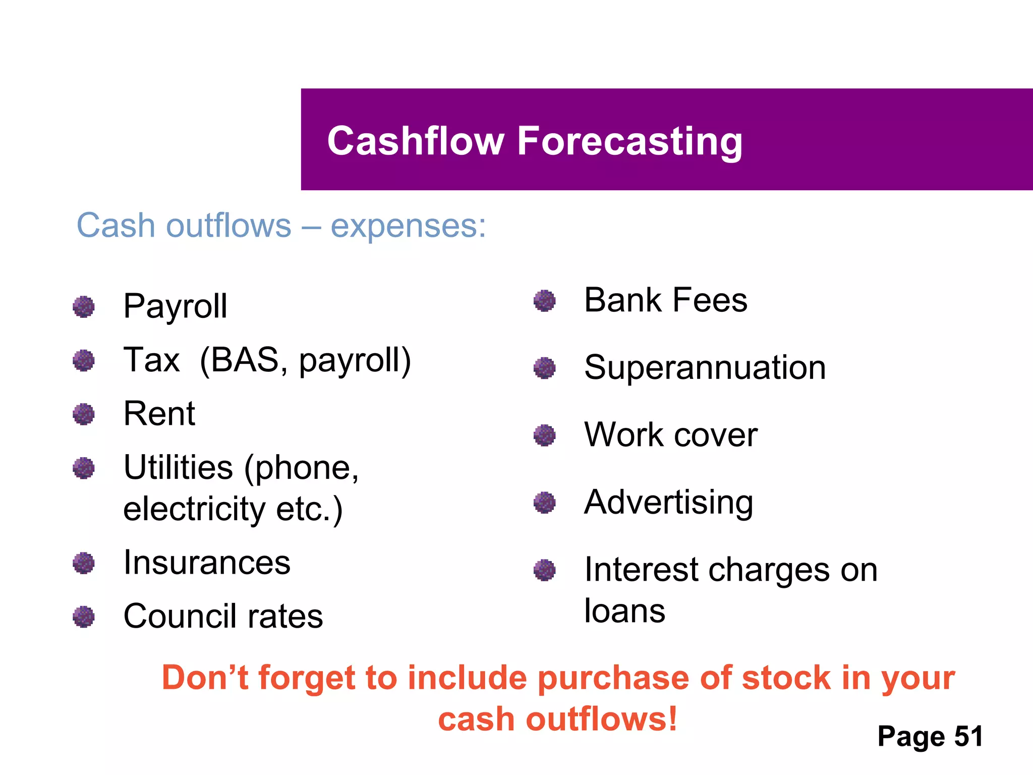 UNCLASSIFIED
UNCLASSIFIED
Profit versus Cash
Profit Cash
GST
Principle loan
repayments
Interest loan
repayments
Proceeds from sale
of assets
Depreciation
 